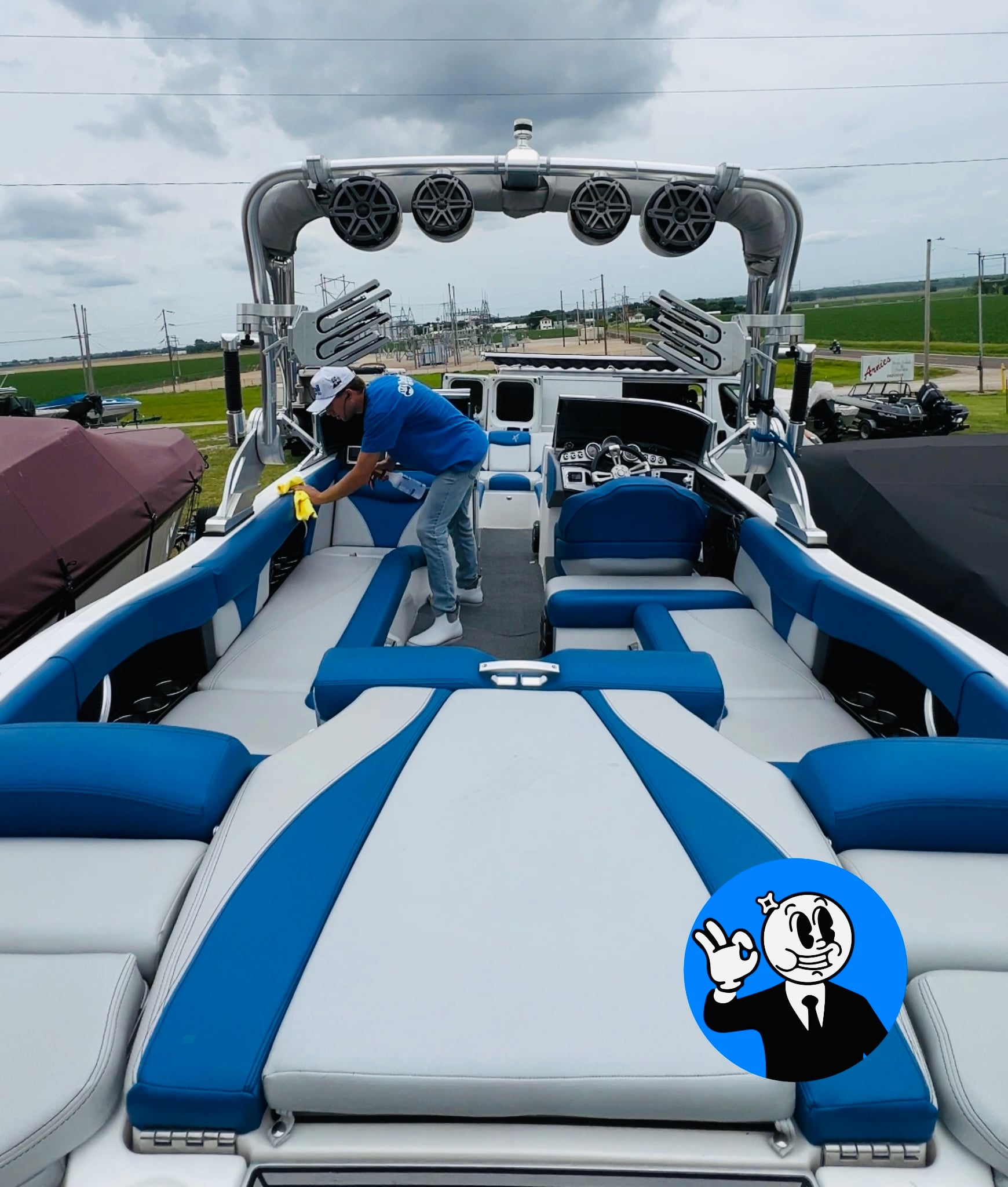 Boat interior deep cleaning in Toledo, OH — vacuumed seating, wiped surfaces, and pressure-washed cockpit