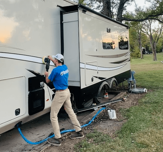 RV machine polishing in Toledo, OH to remove oxidation and restore gloss